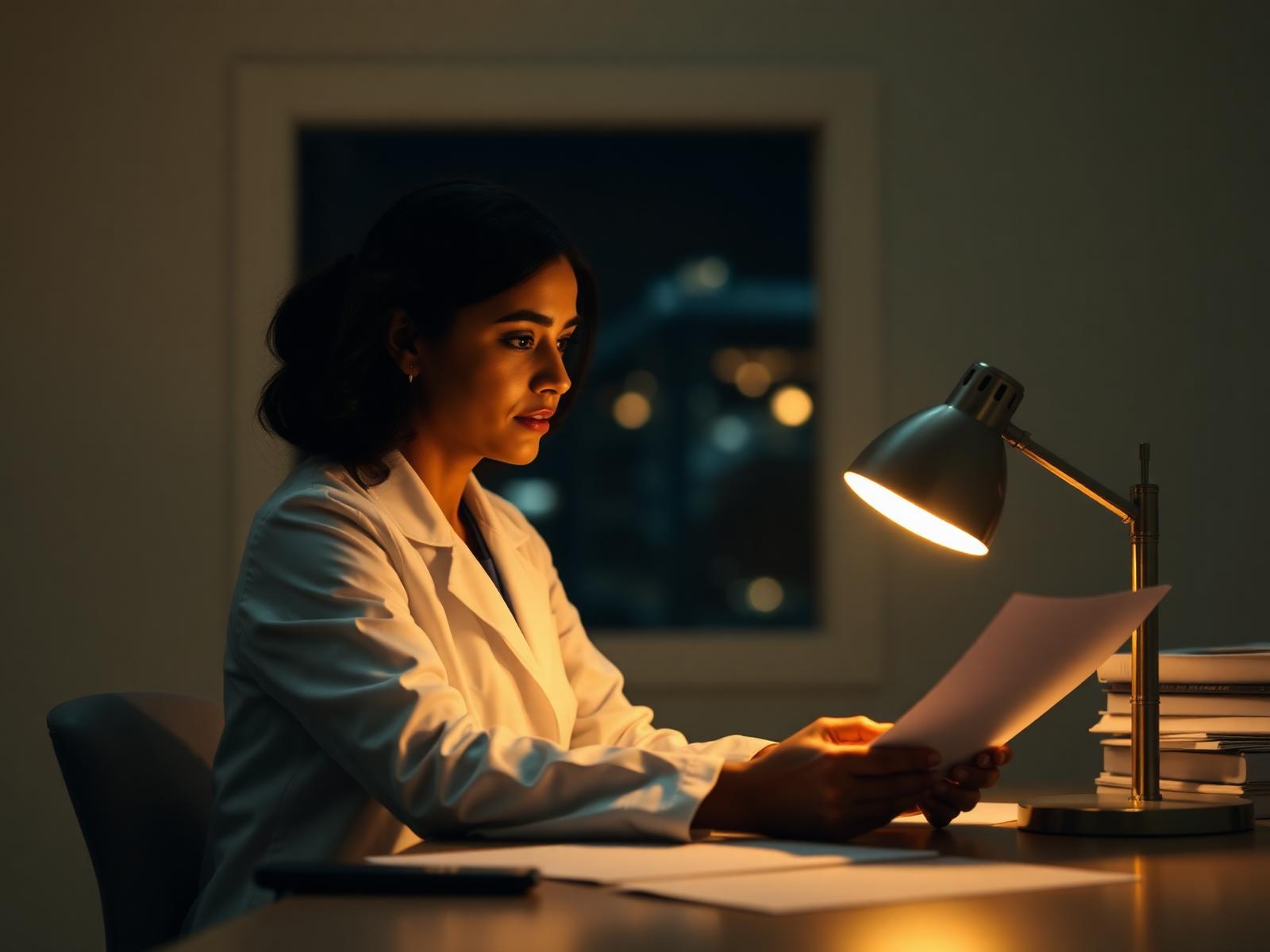 A doctor reviewing notes late at night — the same families we prepare
